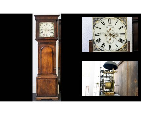 Oak Longcase Clock Manufactured by Henry Cowburn, Poulton Street, Kirkham Lancashire. Double weighted with enamel dial, Roman