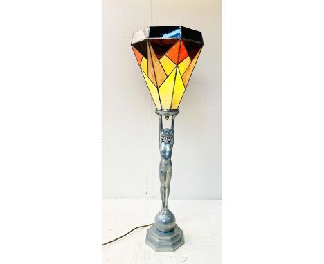 TABLE LAMP, Art Deco, female figure with stained glass shade, 101cm H x 31cm D. 