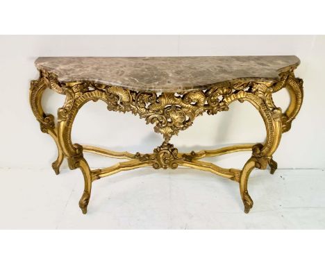 CONSOLE TALBE, Louis XV style, marble top on gilt base, 81cm H x 141cm W x 44cm D. 