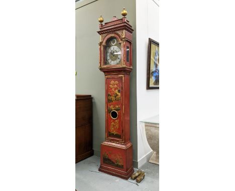 SIMON DE CHARMES LONGCASE CLOCK, early 18th century red Japanned, eight day movement, brass dial, silvered chapter ring, 247c