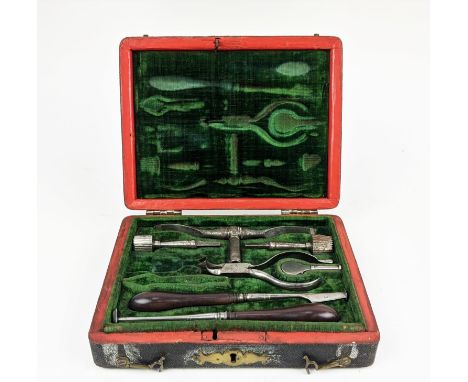 NEUROLOGICAL SURGEONS INSTRUMENTS, 18th century, comprising baluster turned handled tools, in green velvet lined brass mounte