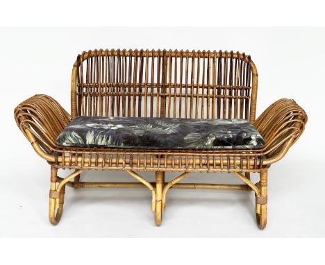 SOFA, vintage rattan, bamboo and cane bound with rounded back and arms (with cushion), 132cm W. 