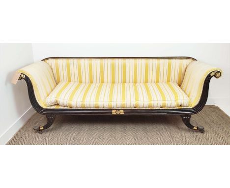 SOFA, Regency grain painted with reeded showframe and gilt detail, 71cm D x 233c m L x 77cmH. 