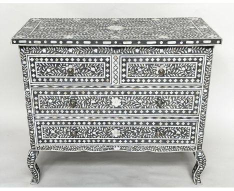 COMMODE, Colonial style bone and mother of pearl inset with four drawers and shaped supports, 107cm W x 50cm D x 90cm H. 