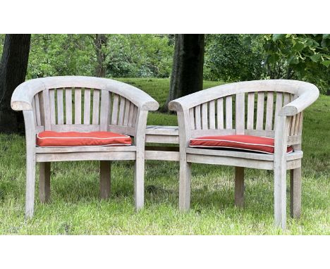 GARDEN BANANA CONVERSATION BENCH, nicely weathered high grade slatted teak with two bow back armchairs, with Field and Hawken