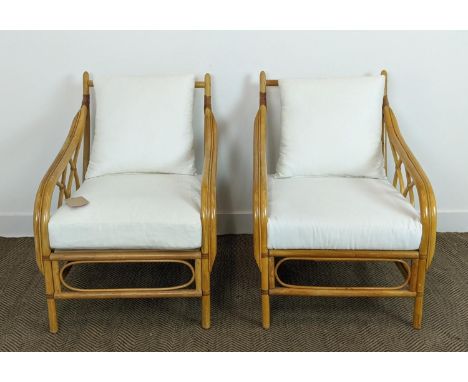 PAOLO MOSCHINO BRUSSELS OYSTER UPHOLSTERED ARMCHAIRS, a pair, vintage 20th century, bamboo, 65cm W. (2) 