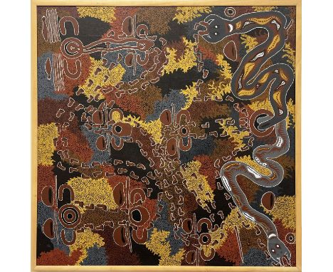 AUSTRALIAN ABORIGINAL SCHOOL (20th century), 'Snake Dreaming', oil on canvas, 143cm x 143cm, framed. 