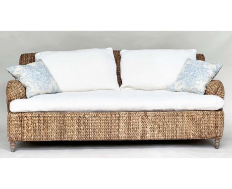 ORANGERY STYLE SOFA, woven herringbone pattern seagrass with Howard style rounded arms, cushions and turned supports, 190cm W