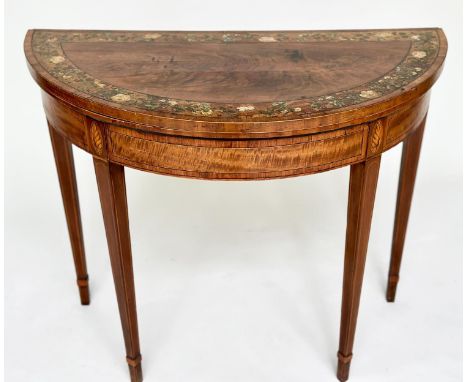 CARD TABLE, George III flame mahogany demi lune polychrome floral painted satinwood crossbanded, foldover baize lined, 91cm x