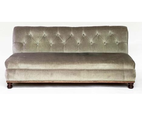 SOFA, late 19th century moss green velvet upholstered with deep button back, banquette seat and ring turned supports, 165cm W