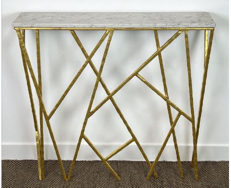 CONSOLE TABLE, Bespoke blacksmith made, gilt metal hammered base, with a rectangular marble top,  99cm H x 100cm W x 20cm D. 