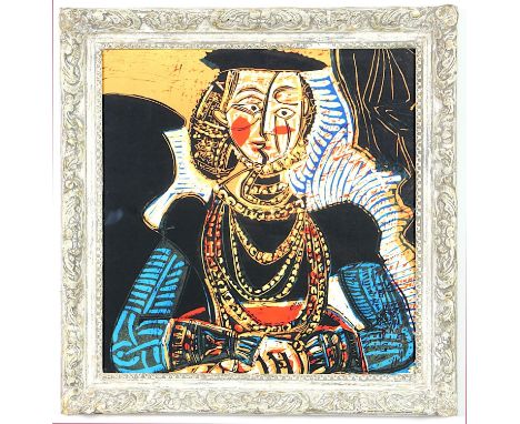 AFTER PABLO PICASSO, Portrait of a woman after Lucas Cranach on silk Vintage French frame 52 x 51 cm. 