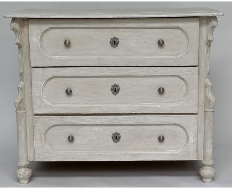 COMMODE, 19th century French traditionally grey painted with three long drawers and turned supports, 97cm W x 51cm D x 80cm H