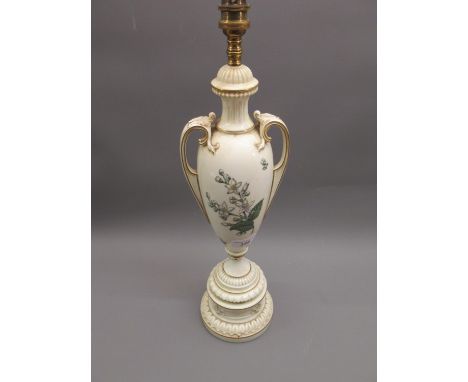 Royal Worcester floral decorated table lamp in the form of a two handled pedestal vase, 16.5ins high excluding the fitting (a