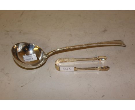 London silver ladle with Old English Bead pattern handle, together with a pair of silver Fiddle pattern sugar tongs 