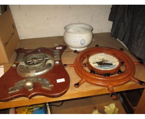 Mid 20th Century mahogany and nickel plate wall plaque in the form of a ships wheel and lifebelt, a North of Scotland, Orkney