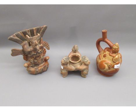 Three items of pre-Columbian type pottery comprising: Mayan flask decorated with animal figures in relief (at fault), an amph