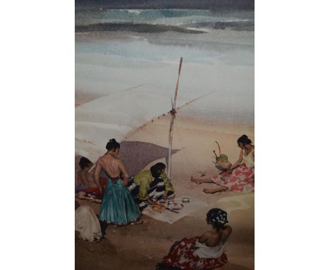 Sir William Russell Flint, signed colour print, group of girls picnicking on a beach, 25.75ins x 20ins approximately together