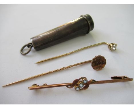 Gold bar brooch (at fault), two stick pins and a silver cigarette holder case 