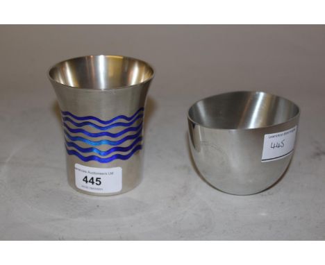 Tamar de Vries Winter silver and enamel decorated Kiddush cup, 3.5ins high, 9 troy ounces together with a small oval pewter b