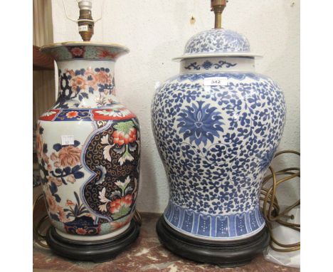 Reproduction Imari style table lamp and a large reproduction Chinese blue and white table lamp in the form of a temple jarEst