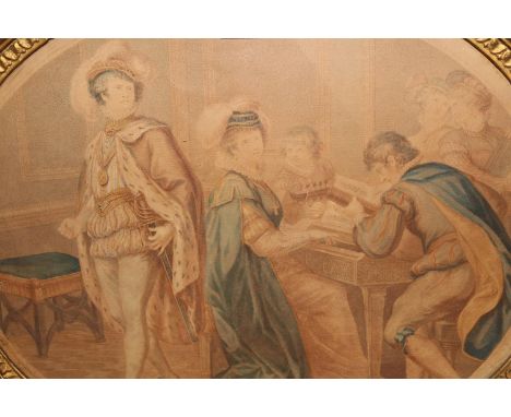 Two antique oval gilt framed stipple engravings, figures in an interior (Bartolozzi) and portrait of seated lady 