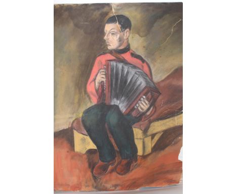 Unframed pastel drawing, study of a seated figure playing an accordion, 25ins x 19.5ins (at fault), watercolour, buildings in