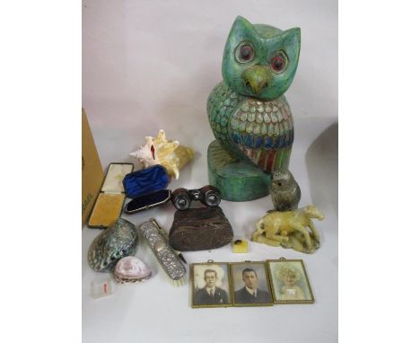 Chinese carved soapstone figure of a horse, cased pair of opera glasses, a white metal sugar caster in the form of an owl, ca