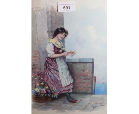 Gilt framed watercolour, portrait of a Continental lady with a basket of flowers, signed Valle, 14ins x 9.5ins 
