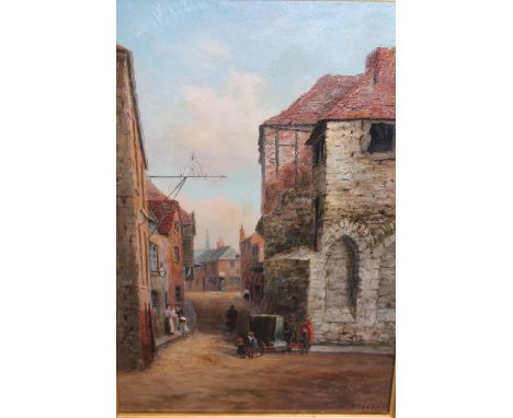 Frank R. Offer, signed oil on millboard, street scene, inscribed verso 'Southampton Old Town Walls', 12.5ins x 8.5insIn excel