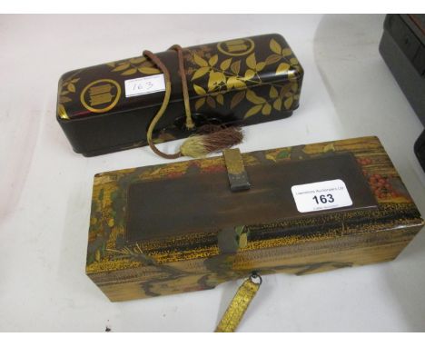 Two early 20th Century Japanese lacquer letter boxes (Fubako), the first of bamboo with a red lacquer interior decorated with