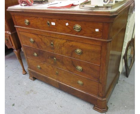 19th Century French figured walnut commode, the inset white flecked marble top above four graduated drawers with oval brass h