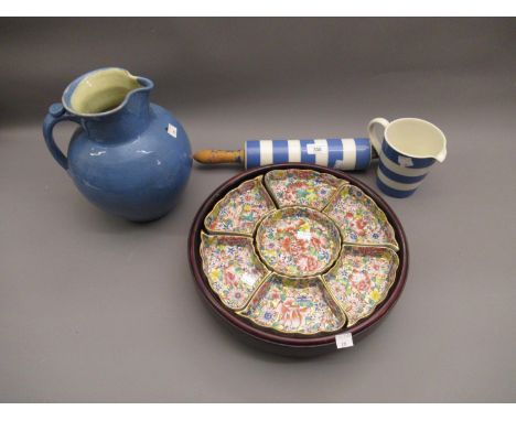 T.G. Green & Company Ltd. blue and white Cornish ware rolling pin together with a similar one pint milk jug, a blue glazed te