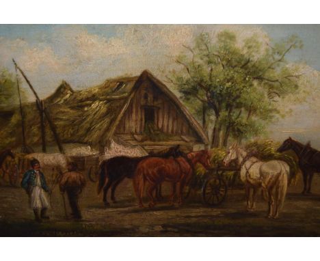 Unframed 19th Century oil on panel, figures and horses by a barn, 9.5ins x 15.5ins 