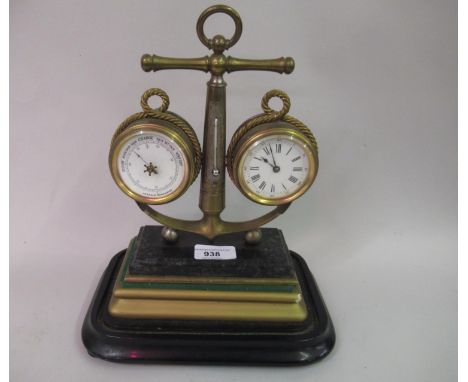 Late 19th Century French brass anchor motif clock barometer and thermometer on a plinth base (at fault), 11.25ins high overal