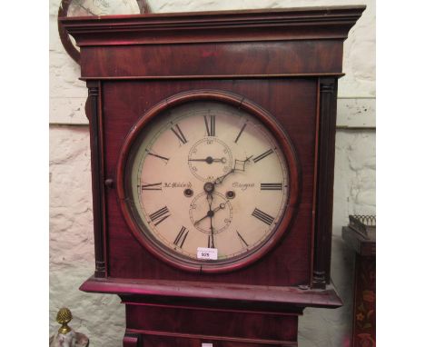 19th Century Scottish mahogany longcase clock, the square hood with flanking pilasters above a moulded panelled door flanked 