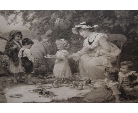 Fred Morgan, large signed black and white print, children at a picnic, 19ins x 28ins, together with an Arthur J. Elsley, sign