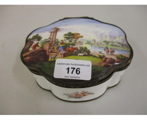18th / 19th Century Staffordshire shaped oval enamel box, the cover decorated with figures by ruins in a Continental landscap