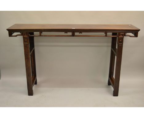 Late19th/early 20th Century Chinese Hongmu altar table with a shallow pierced frieze on open work supports, 71.5ins wideSome 