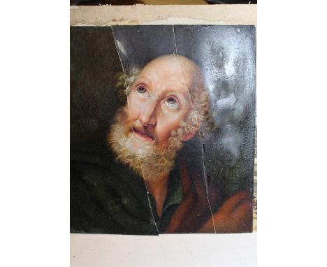 19th Century miniature on ivorine portrait of a saint (at fault), 5.25ins x 4.25ins, small 19th Century oil on card, figures 