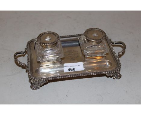 Early 20th Century London silver two bottle inkstandOne inkwell has large chip (see photo), otherwise all silver and other in