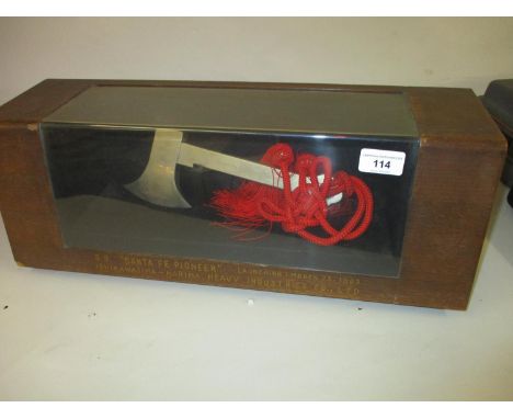 Cased presentation steel axe, inscribed 'S.S. Santa Fe Pioneer Launching, March 23rd 1963' 