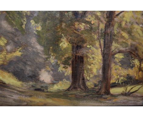 An ebonised framed oil on panel, sunlit woodland path, bearing label verso 'Norbury Woods, Frank Spenlove Spenlove', 9.5ins x