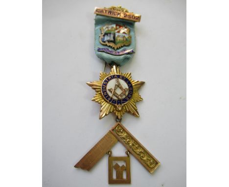 9ct Gold enamel and rose cut diamond set Masonic jewel33.5g gross weight including ribbon and steel pinAll parts marked 9ct e