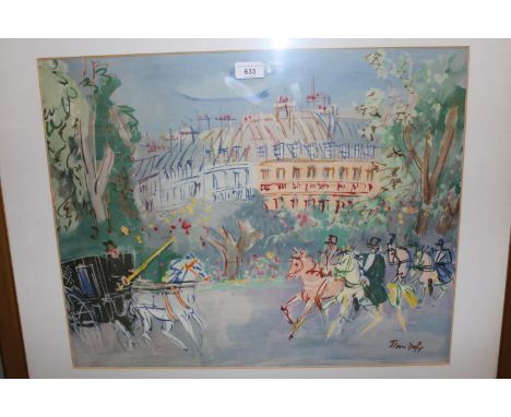 Jean Dufy, lithograph, Parisian street scene with figures on horseback, Dawn Matthews, pair of signed Limited Edition prints,