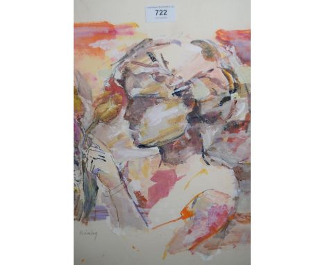 Modern British school mixed media on card, portrait of a young lady with a bunch of flowers, signed Kinley, 19ins x 15.5ins 