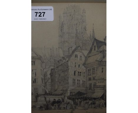 James C. Amos, 19th Century pencil sketch, Rouen City Square, signed, 7.5ins x 5.5ins, framed 