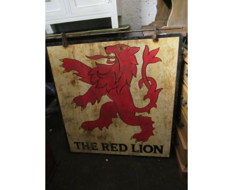 Painted metal pub sign, ' The Red Lion ', painted double sided  metal pub sign, ' Courage, The Duck of Wellington ', a ' Rect