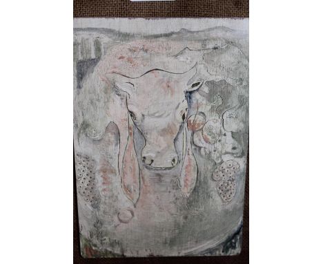 Indian school oil on panel, surrealist study of a cow in a landscape, indistinctly signed, 8ins x 6ins 