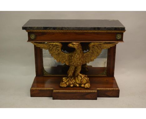Pair of fine quality reproduction rosewood and carved giltwood console tables in Regency style, the flecked marble tops above